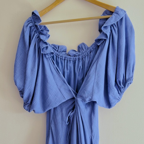 Free People Kaylyn Midi Dress Blue Open Back Short Puff Sleeve Midi Dress NWOT - Picture 6 of 11